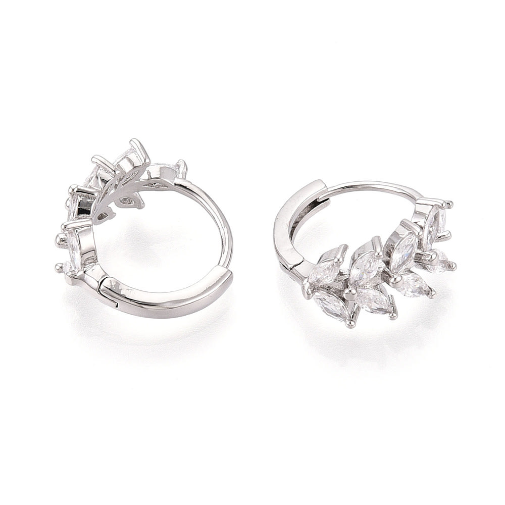 Aros argollas huggie hoja zircón 15 mm baño oro platino / par5