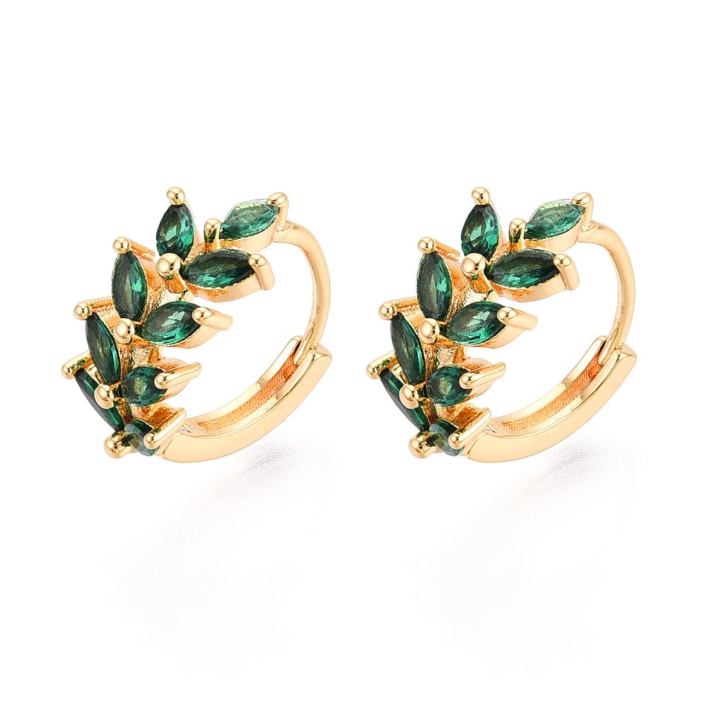 Aros argollas huggie hoja verde 15 mm baño oro zircón / par1