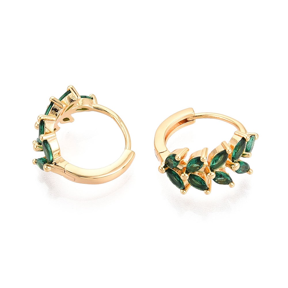 Aros argollas huggie hoja verde 15 mm baño oro zircón / par2