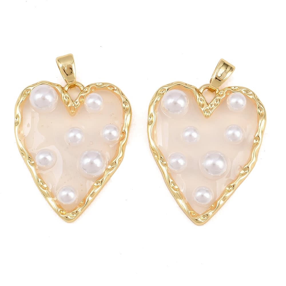 Dije colgante corazón resina perlas 25 mm baño de oro / unidad1
