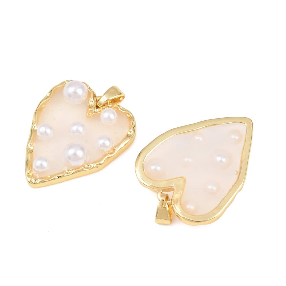 Dije colgante corazón resina perlas 25 mm baño de oro / unidad2