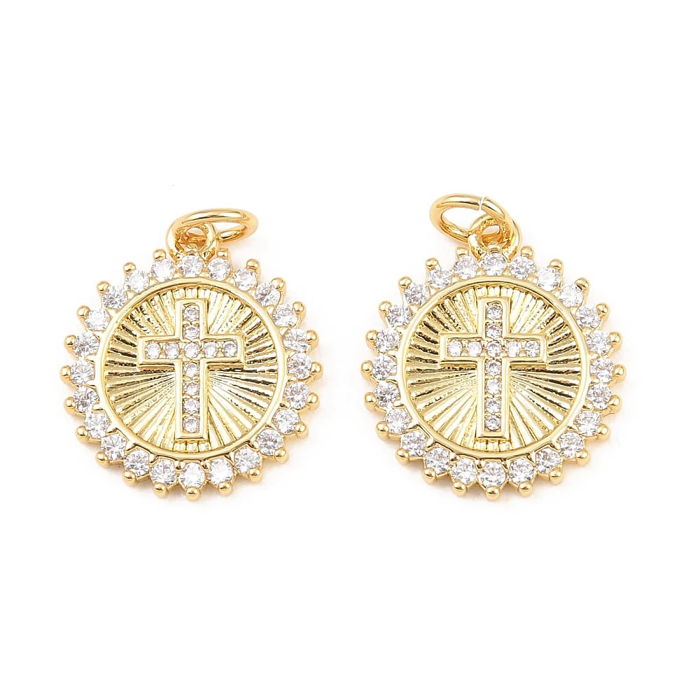 Dije colgante medalla cruz zircón 17.5 mm baño oro / unidad1