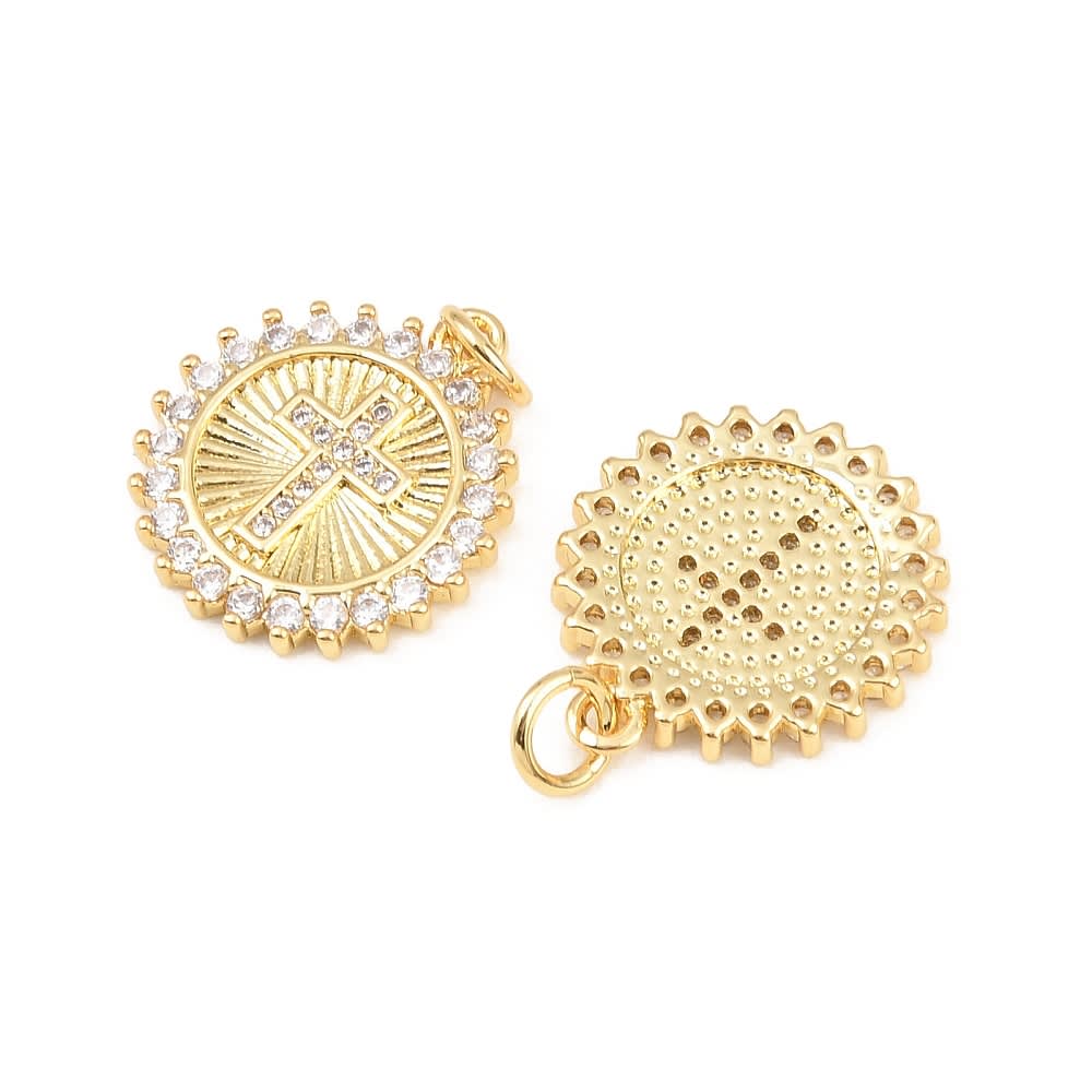 Dije colgante medalla cruz zircón 17.5 mm baño oro / unidad2