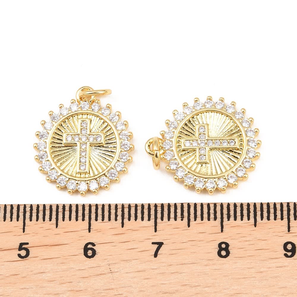Dije colgante medalla cruz zircón 17.5 mm baño oro / unidad3
