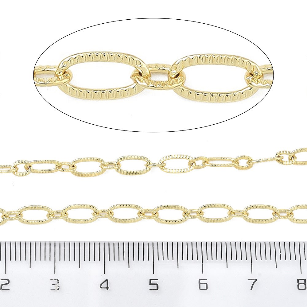 Cadena de eslabón ovalado texturizado 8x4 mm baño oro / metro3
