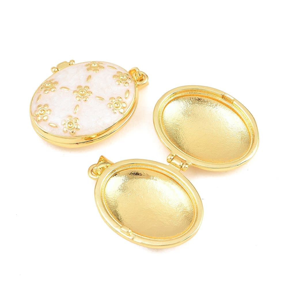Relicario portafoto locket esmaltado ovalado flores baño oro / unidad2