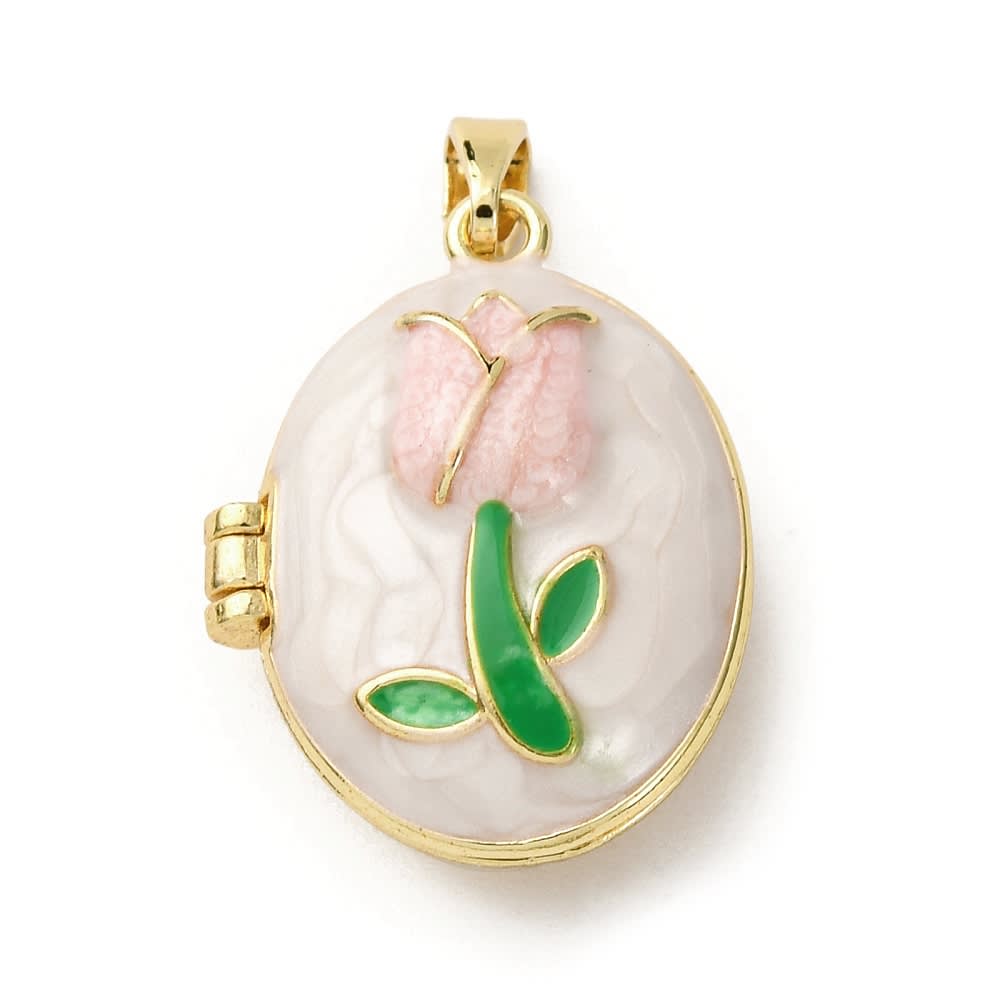 Relicario portafoto locket esmaltado ovalado flor baño oro / unidad1