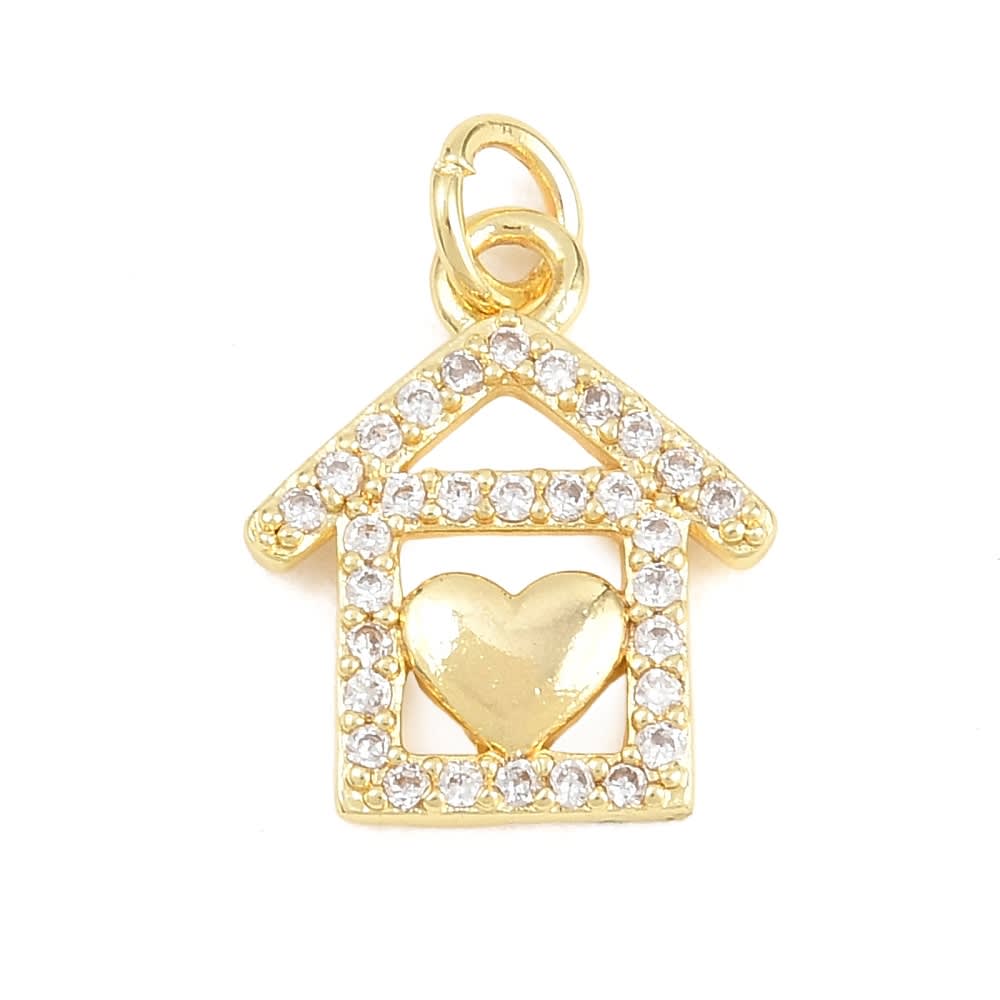 Dije colgante casa corazón 16x13 mm baño oro zircón / unidad1
