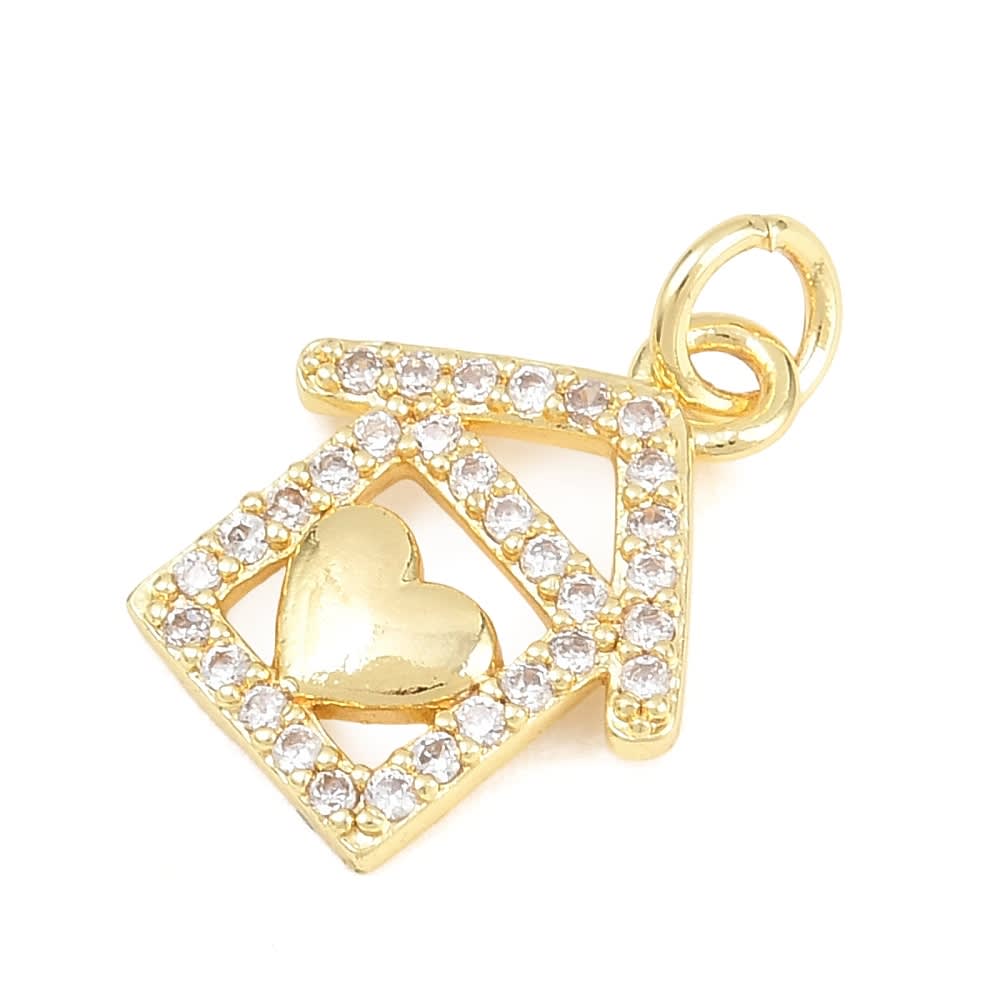 Dije colgante casa corazón 16x13 mm baño oro zircón / unidad2