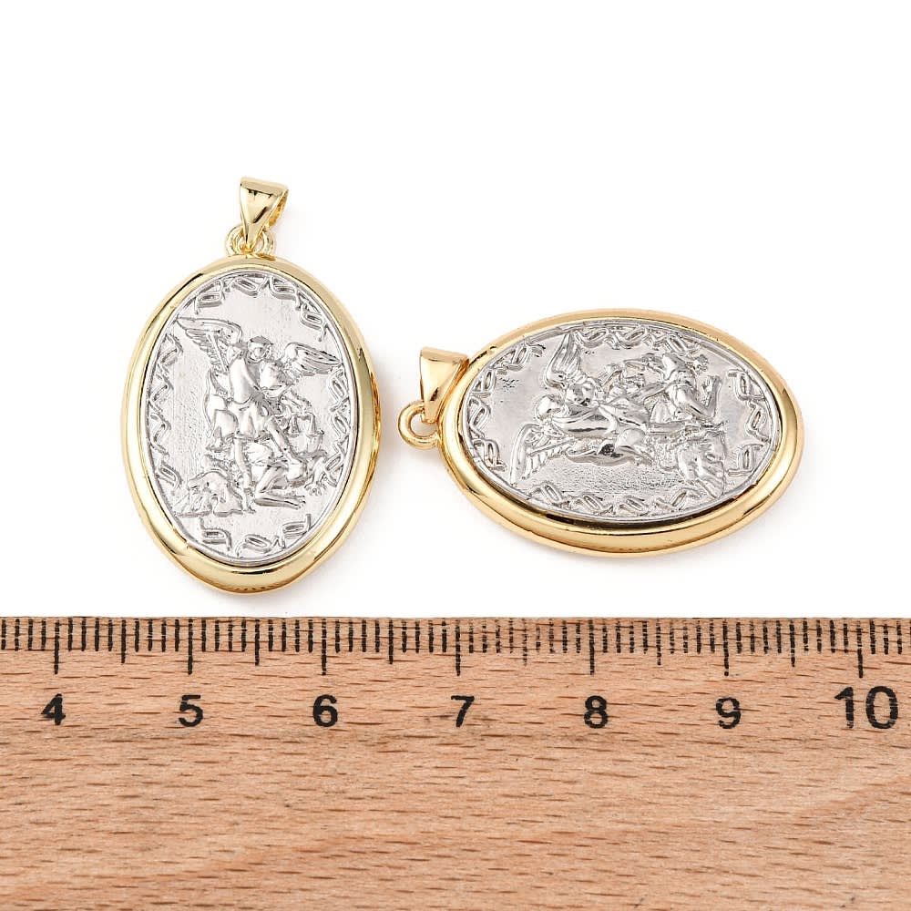 Dije colgante medalla San Miguel Arcángel 30.5 mm bicolor baño oro platino / unidad3