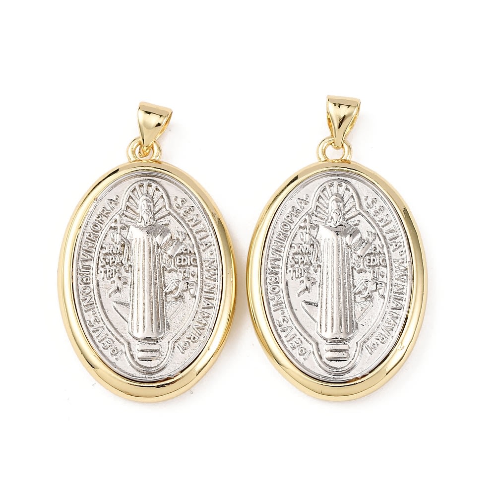 Dije colgante medalla San Benito 30.5 mm bicolor baño oro platino / unidad1