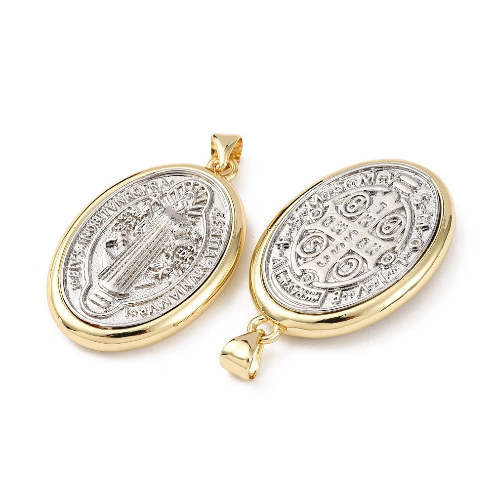 Dije colgante medalla San Benito 30.5 mm bicolor baño oro platino / unidad2