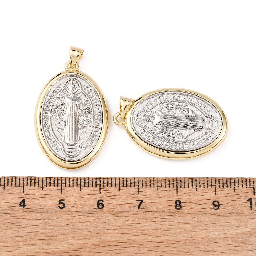 Dije colgante medalla San Benito 30.5 mm bicolor baño oro platino / unidad3