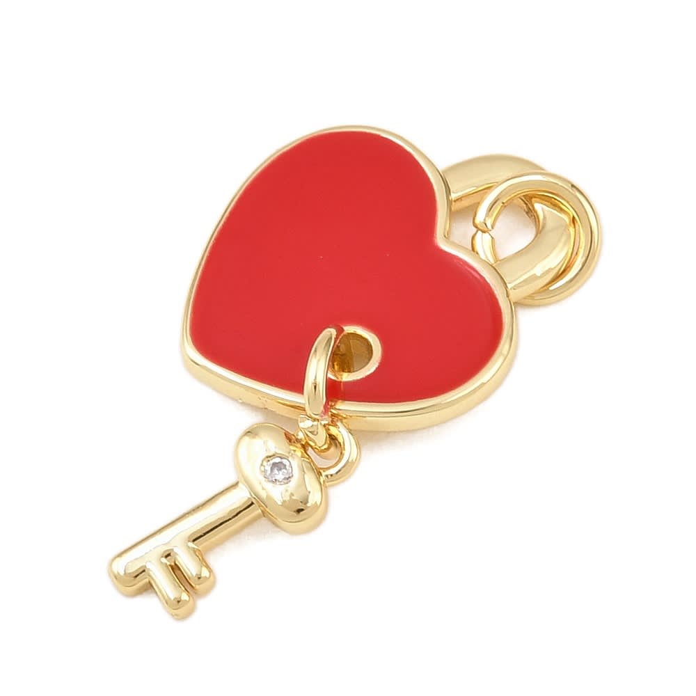 Dije esmaltado corazón rojo con llave amor 25x14 mm baño de oro / unidad2