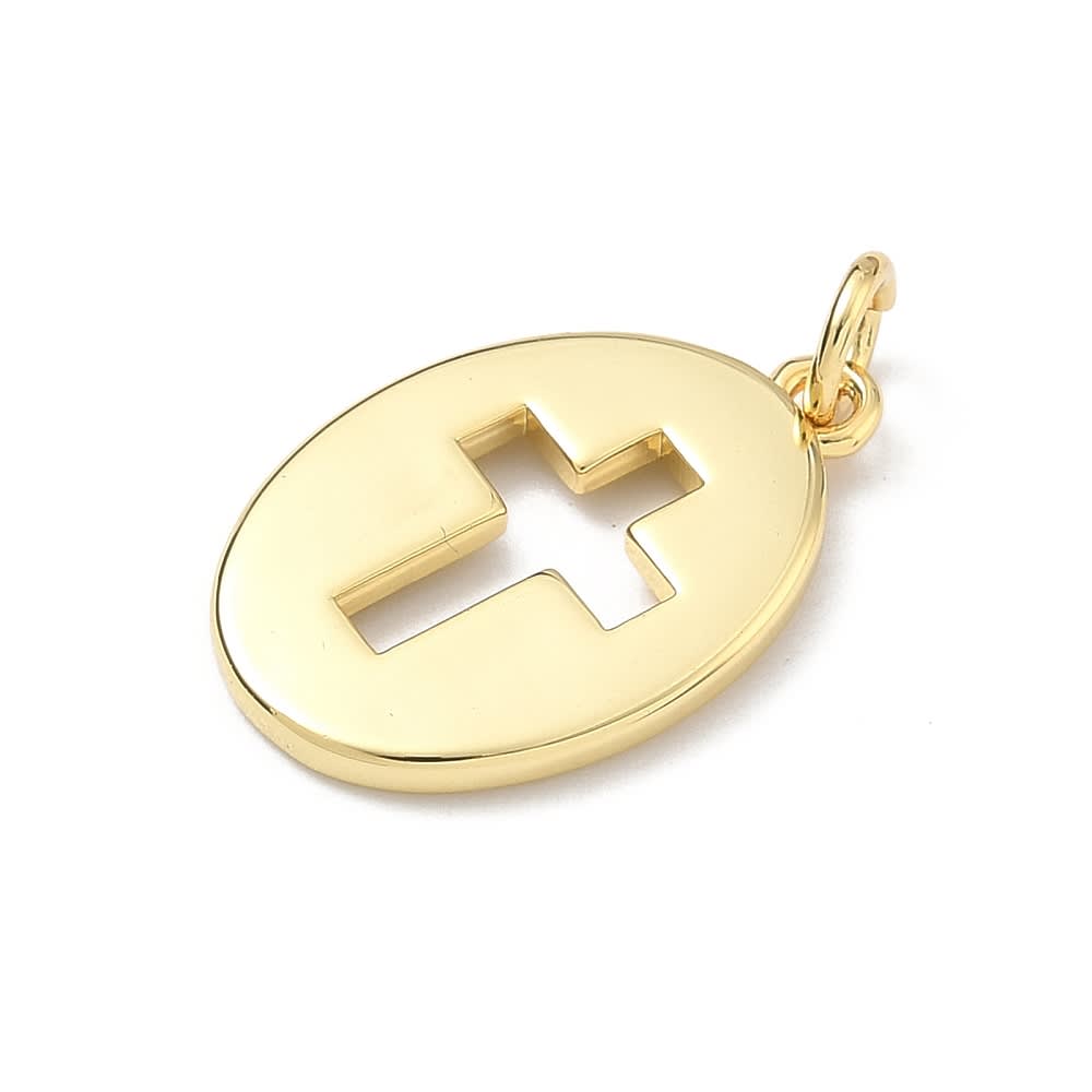 Dije colgante medalla ovalada cruz calada 20.5 mm baño oro / unidad2