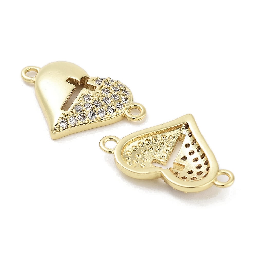 Dije conector corazón cruz religioso zircón 13.5x20 mm baño oro / unidad1