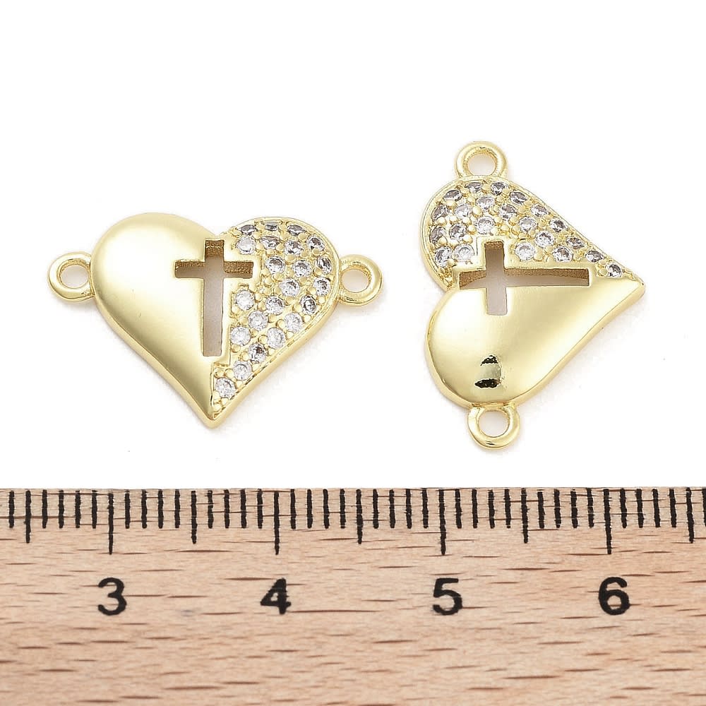 Dije conector corazón cruz religioso zircón 13.5x20 mm baño oro / unidad2