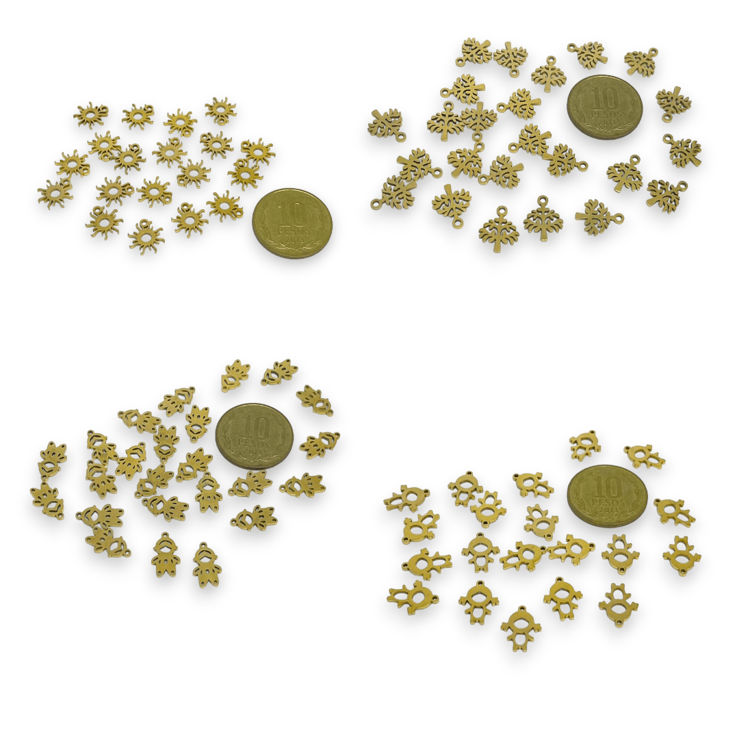 Mini dije colgante figuras surtidas 10-12 mm acero dorado / unidad16