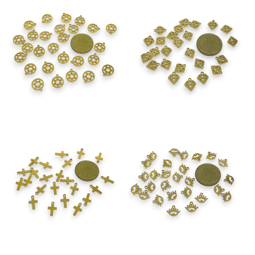 Mini dije colgante figuras surtidas 10-12 mm acero dorado / unidad15