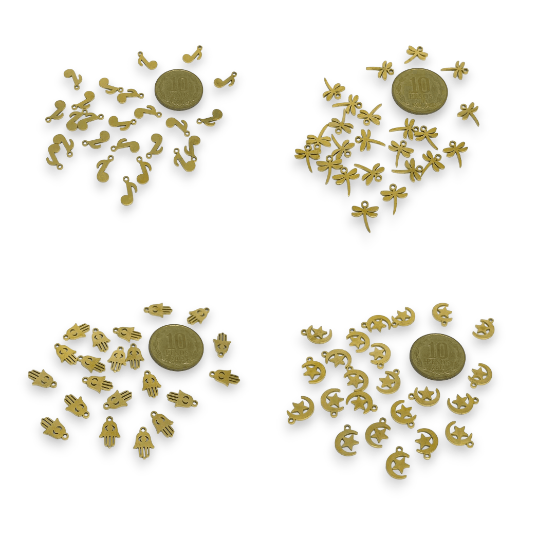 Mini dije colgante figuras surtidas 10-12 mm acero dorado / unidad14