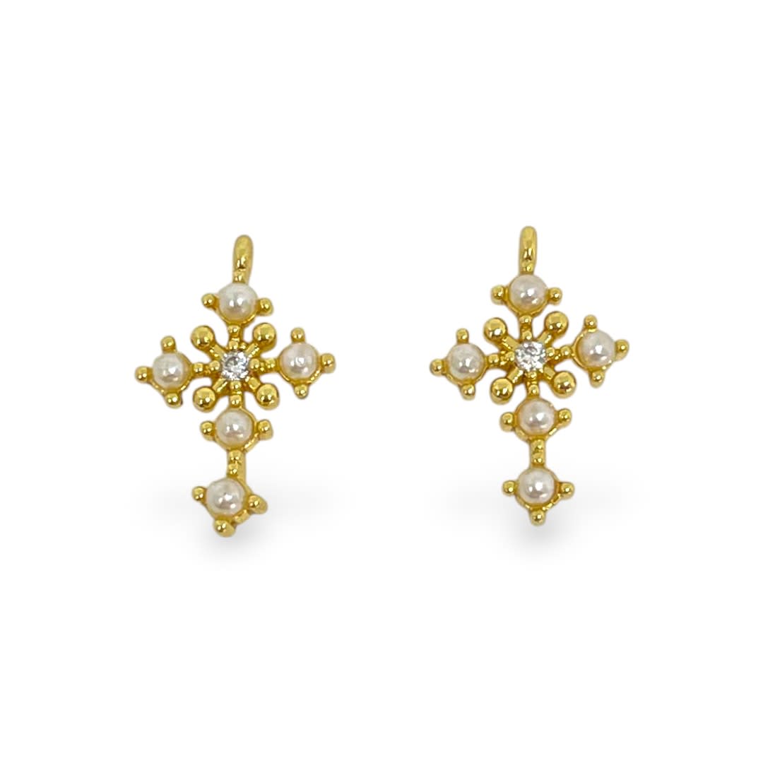 Dije colgante mini cruz perlas 10x16 mm zircón baño de oro / unidad1