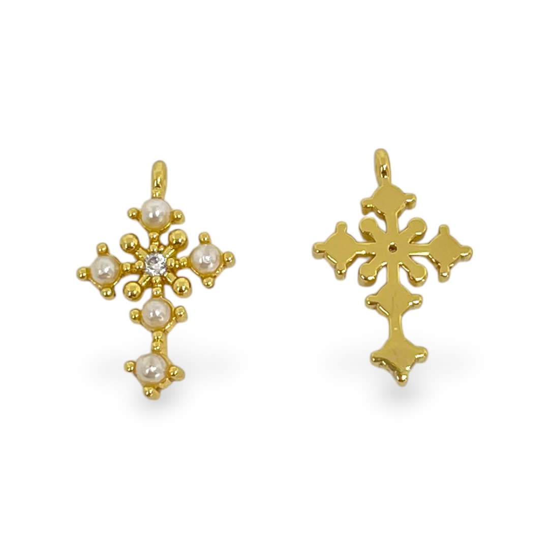Dije colgante mini cruz perlas 10x16 mm zircón baño de oro / unidad2