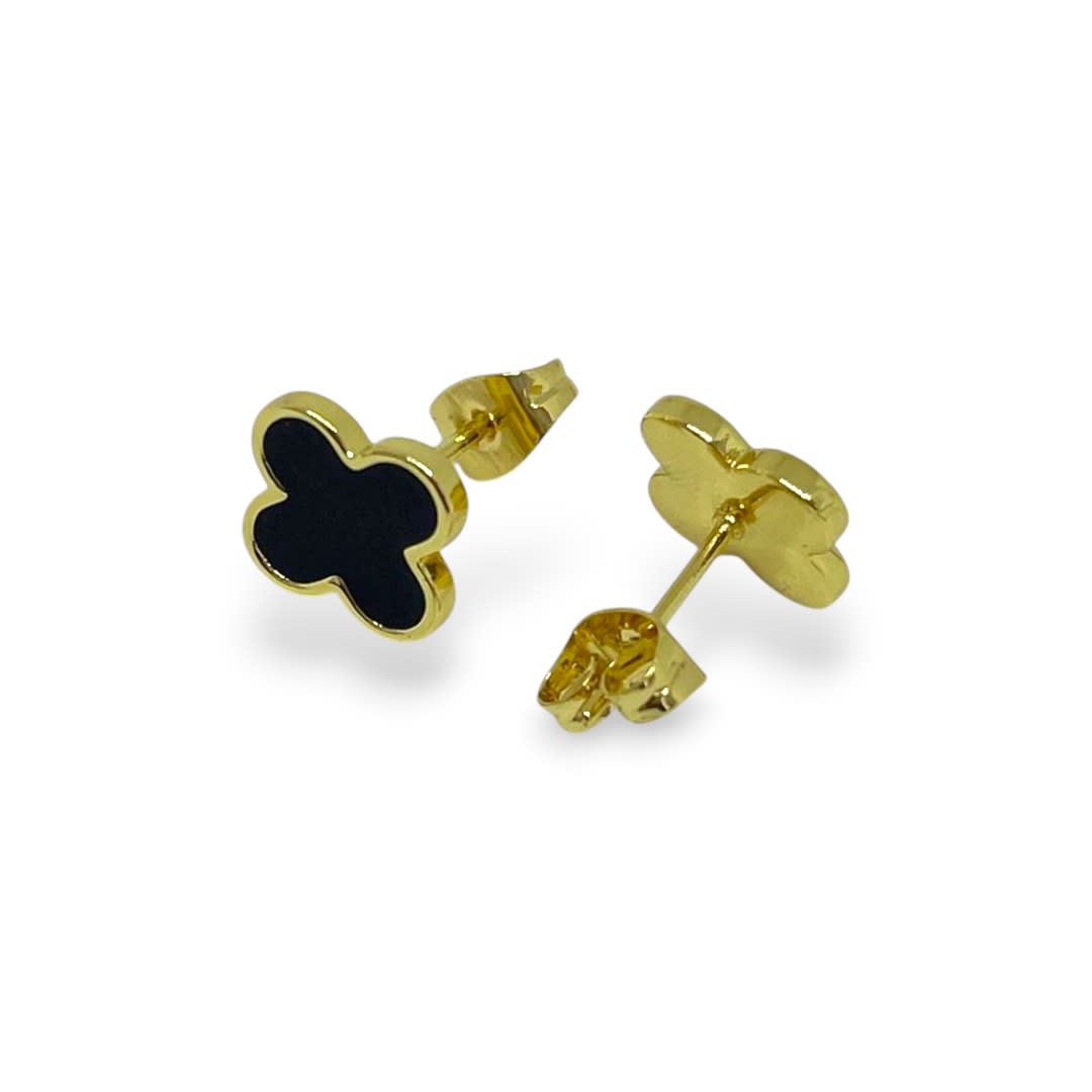 Aros topo topito trébol suerte cuatro hojas negro 10 mm baño de oro / par3
