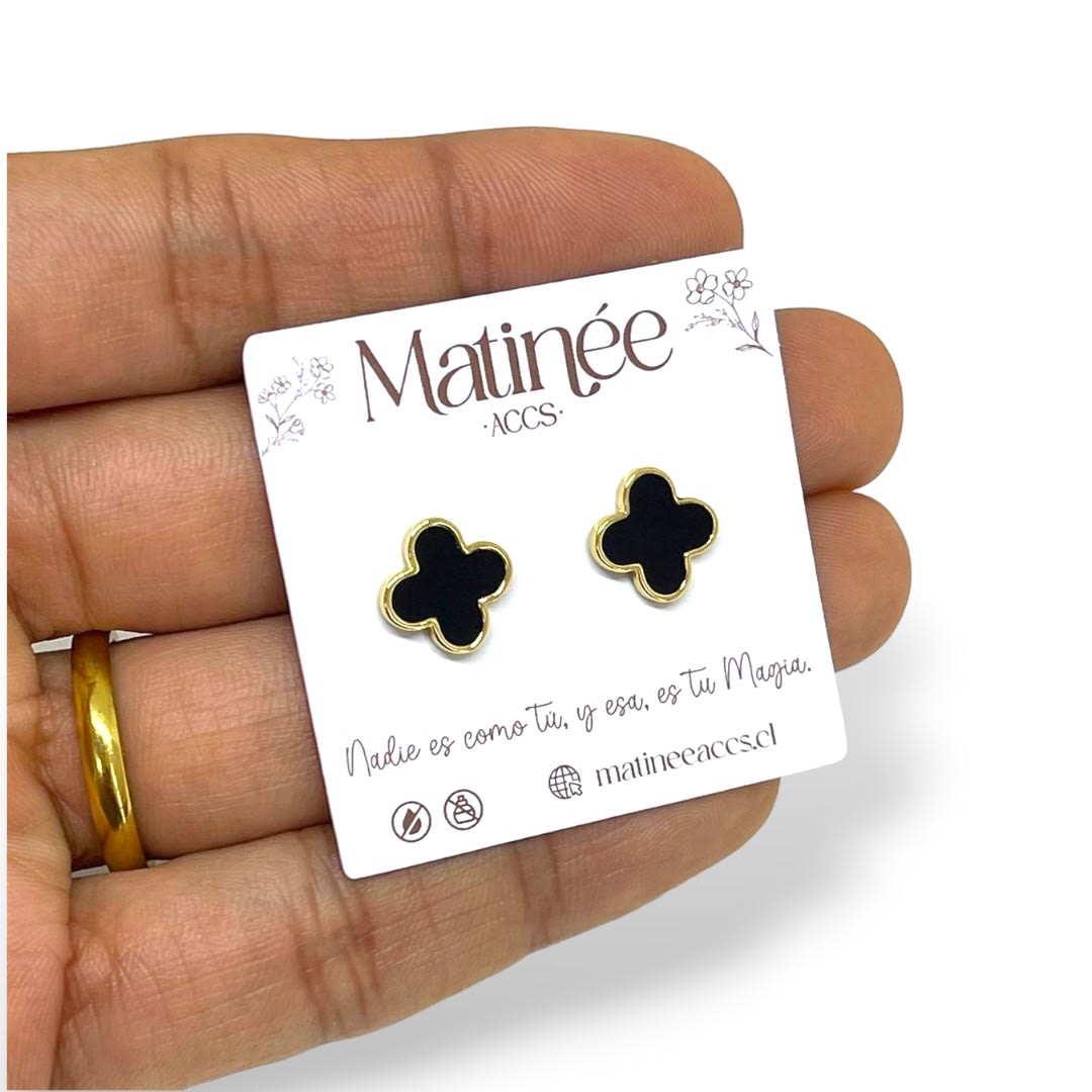 Aros topo topito trébol suerte cuatro hojas negro 10 mm baño de oro / par2