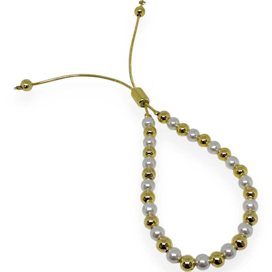 Pulsera ajustable de perlas y balines 5 mm y baño de oro / unidad3