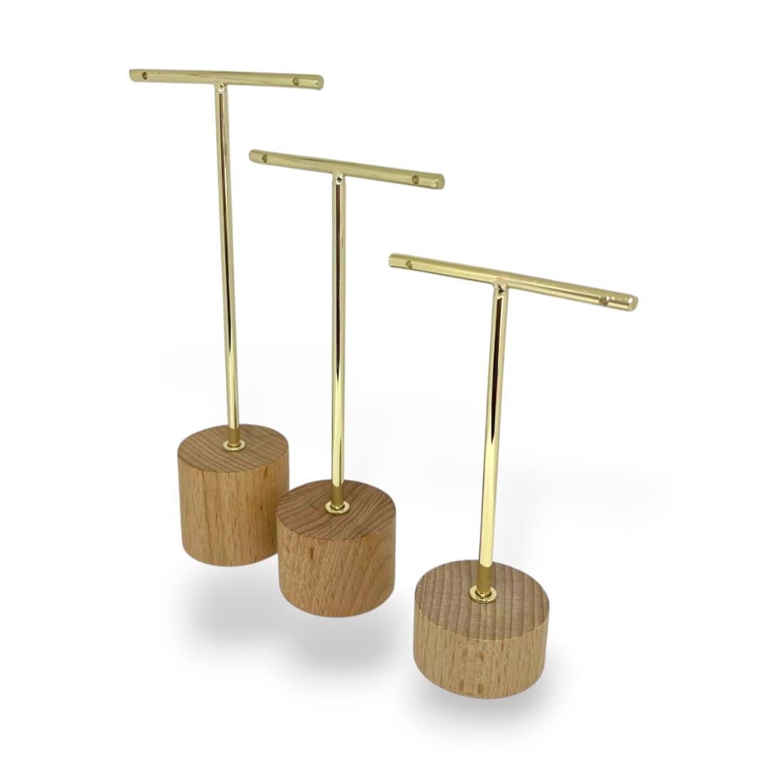 Set 3 exhibidores aros zarcillos pendientes metálico madera dorado3