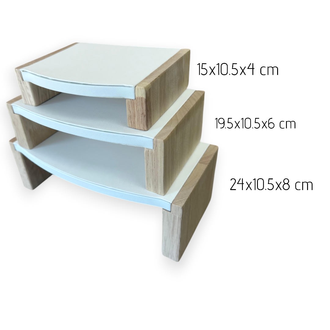 Exhibidor de Joyas 3 niveles madera Tela eco cuero blanco / set4
