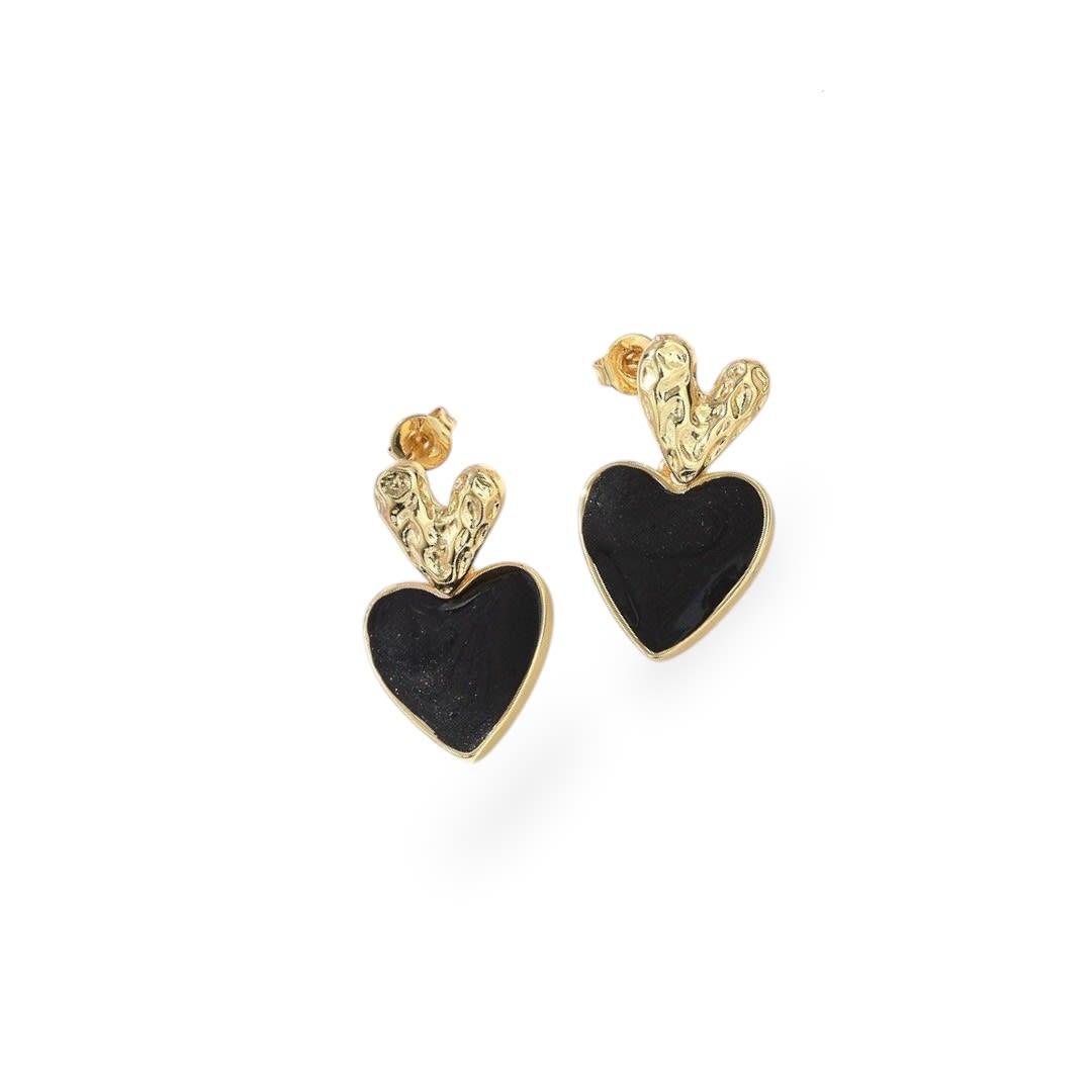 Aros topo topito doble corazón heart esmaltado 23 mm baño oro / par4