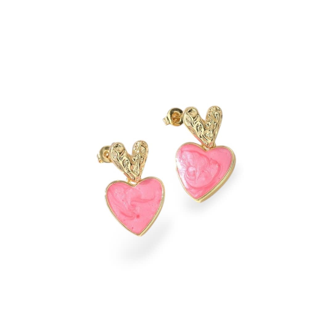 Aros topo topito doble corazón heart esmaltado 23 mm baño oro / par3