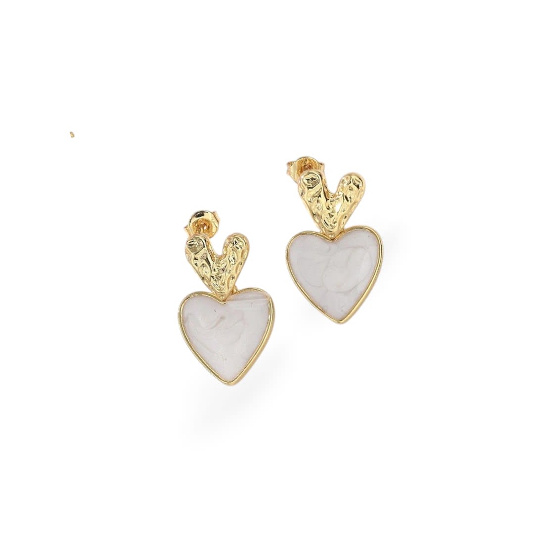 Aros topo topito doble corazón heart esmaltado 23 mm baño oro / par2