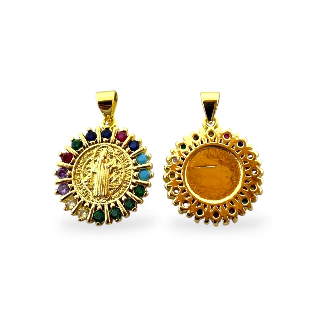 Dije colgante medalla san benito zircón 18 mm multicolor baño de oro / unidad2
