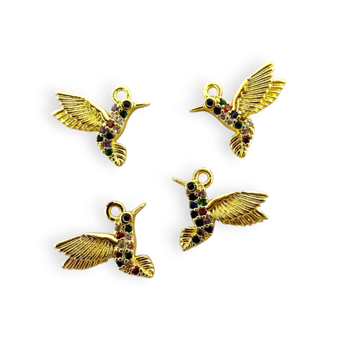 Dije colgante colibrí 13 mm zircón multicolor baño de oro / unidad1