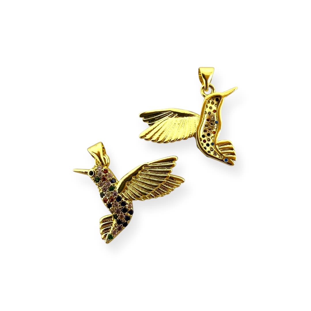 Dije colgante colibrí 25x20 mm zircón multicolor baño de oro / unidad2
