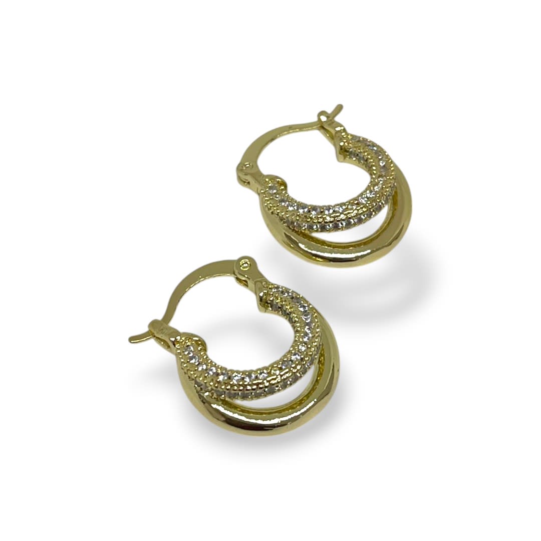 Aros argollas aretes elegantes doble línea zircón baño de oro / par2