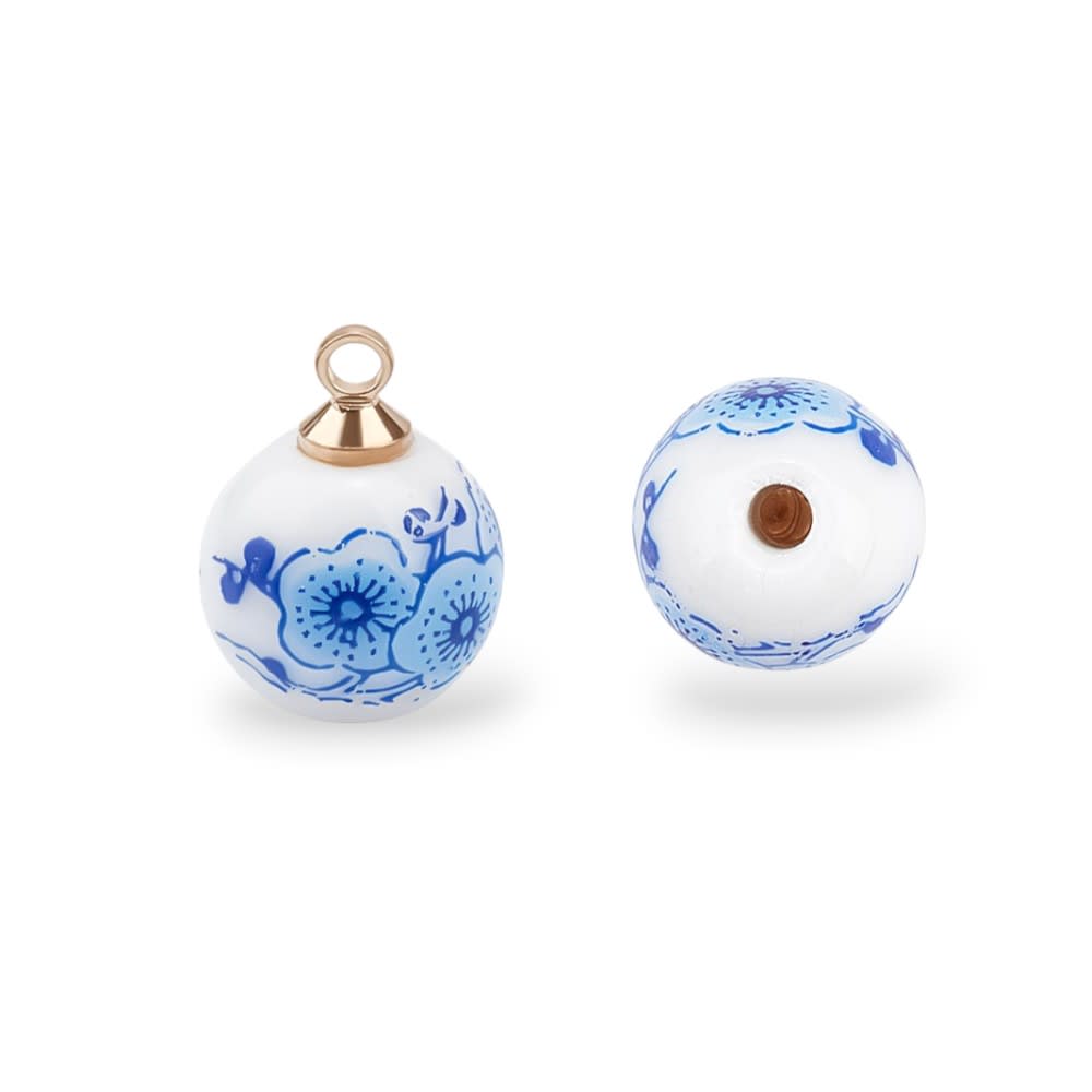 Dije colgante esfera estilo chinoiserie 14 mm porcelana baño oro / unidad1