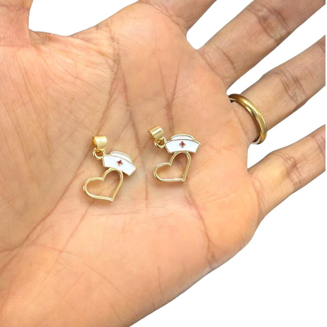 Dije colgante corazón gorro enfermera 17 mm baño oro / unidad2