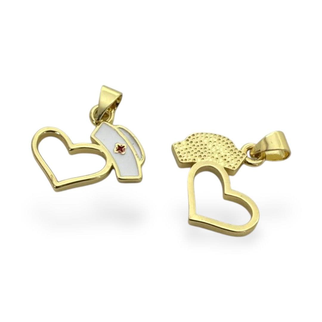 Dije colgante corazón gorro enfermera 17 mm baño oro / unidad3