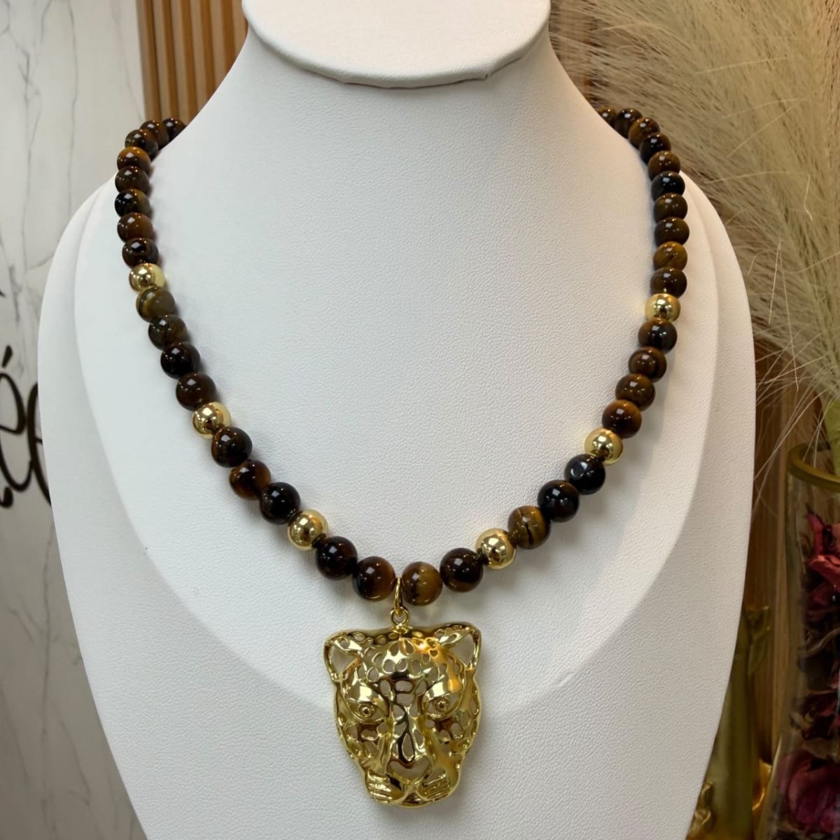 Collar piedra ojo de tigre maxi leopardo baño de oro / unidad2