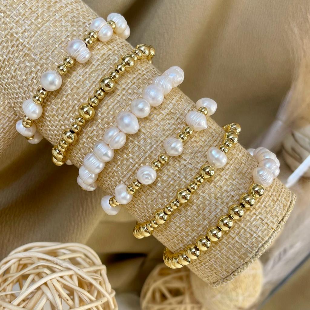 Pulsera elasticada de balines en acero y perlas / unidad1