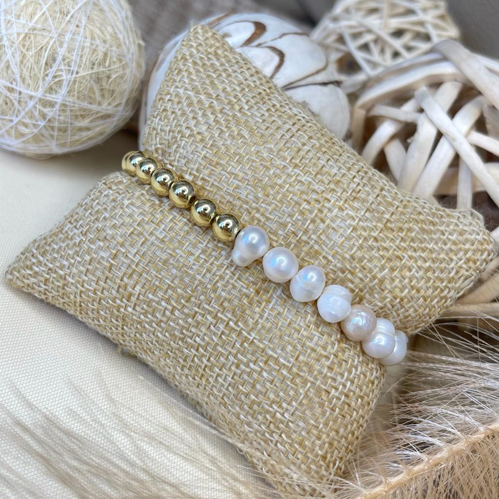 Pulsera elasticada de balines en acero y perlas / unidad4