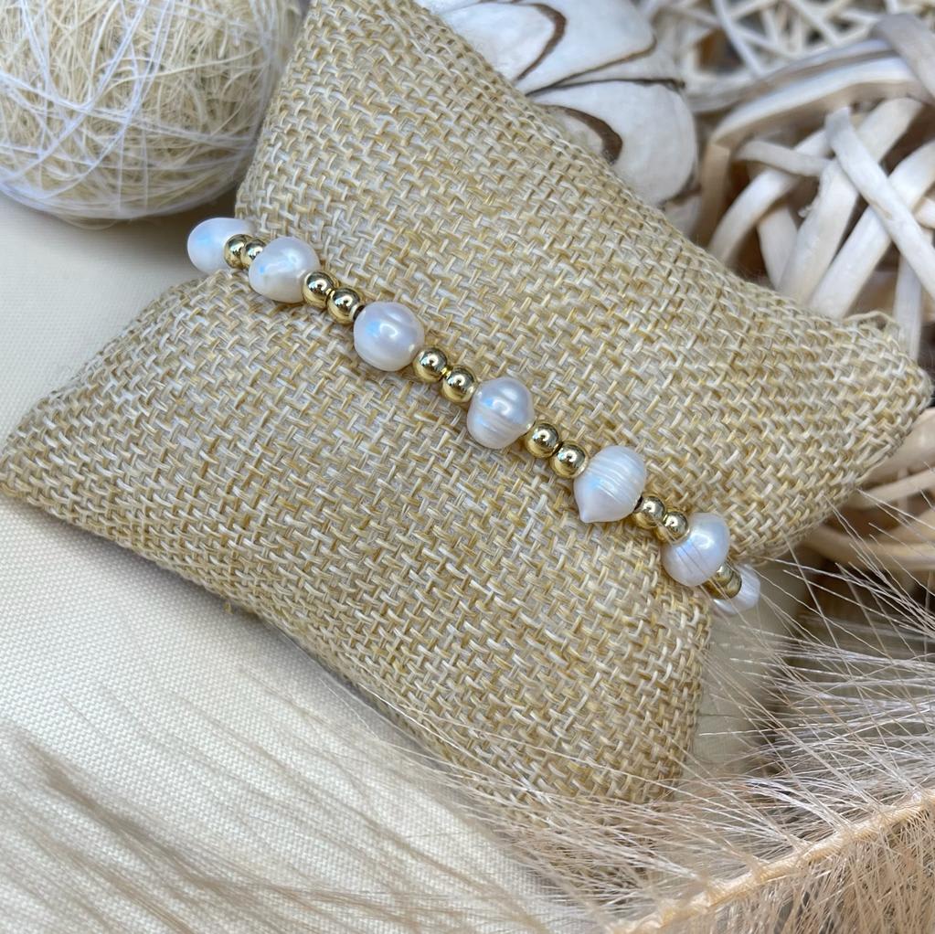 Pulsera elasticada de balines en acero y perlas / unidad2