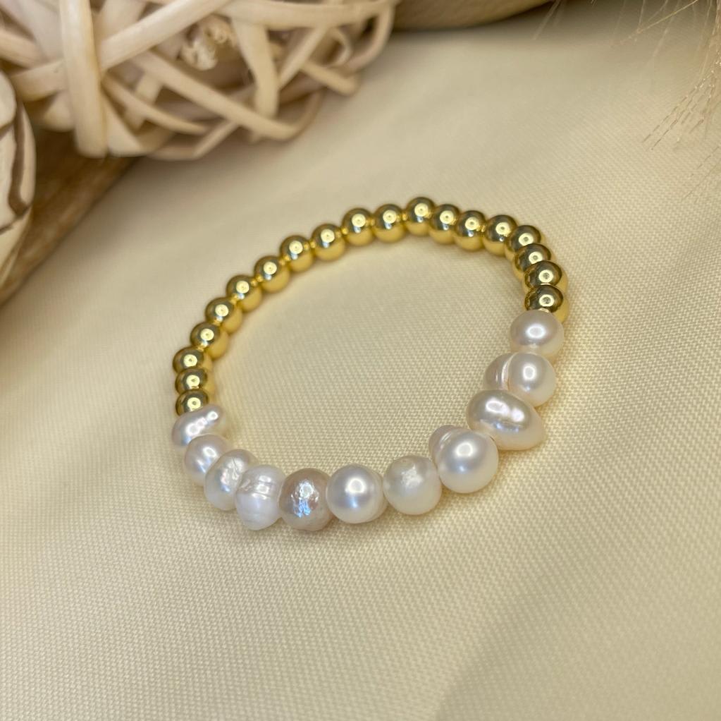 Pulsera elasticada de balines en acero y perlas / unidad7