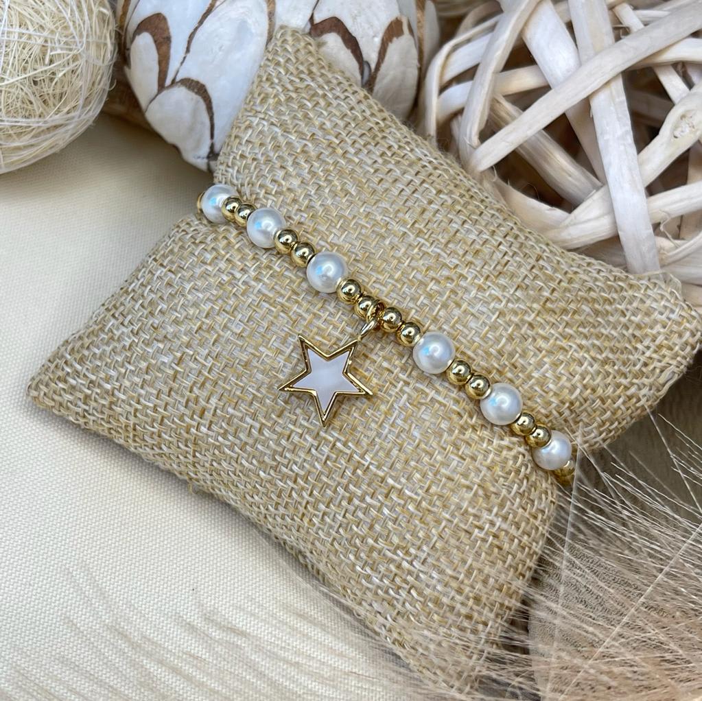 Pulsera elasticada de balines acero perla colgante / unidad4