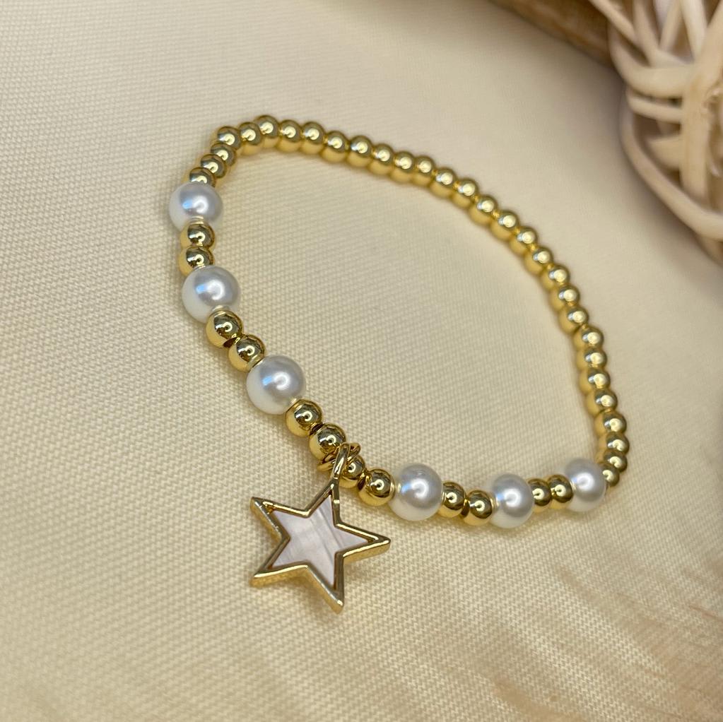 Pulsera elasticada de balines acero perla colgante / unidad5