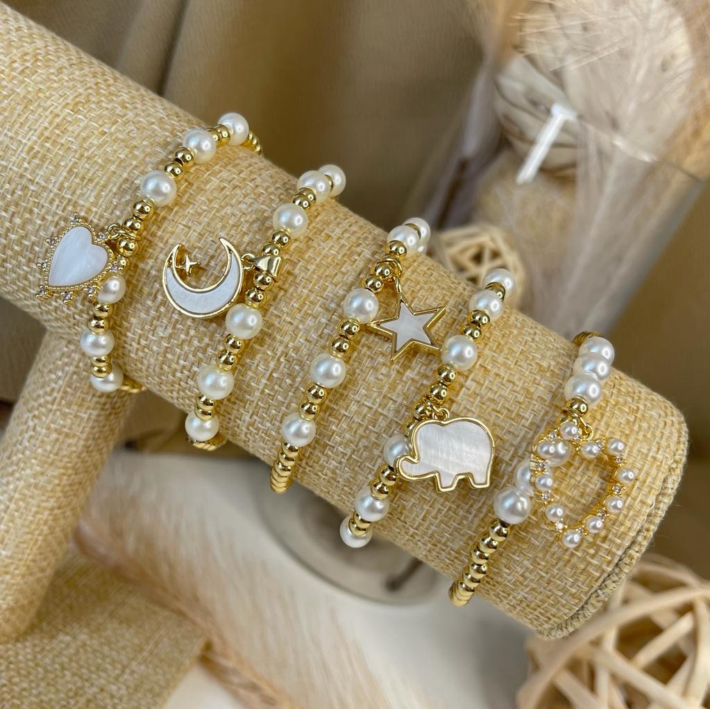 Pulsera elasticada de balines acero perla colgante / unidad1