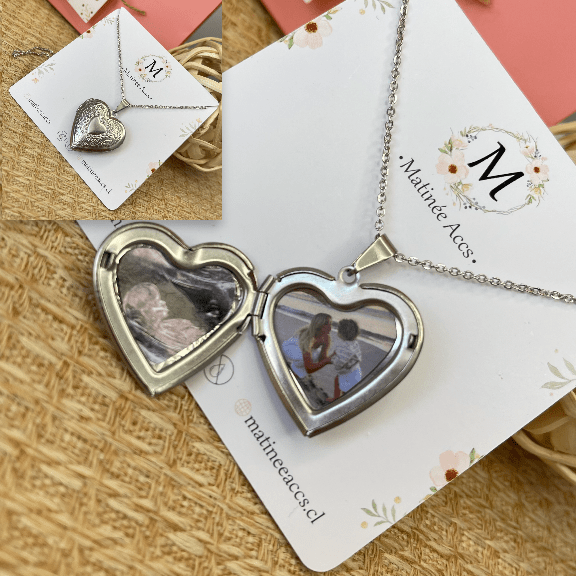 Collar con relicario corazón dos fotos personalizado plateado / unidad6